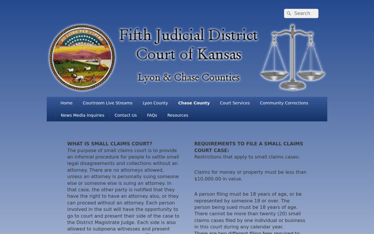 Chase County small-claims procedure on the Fifth Judicial District website