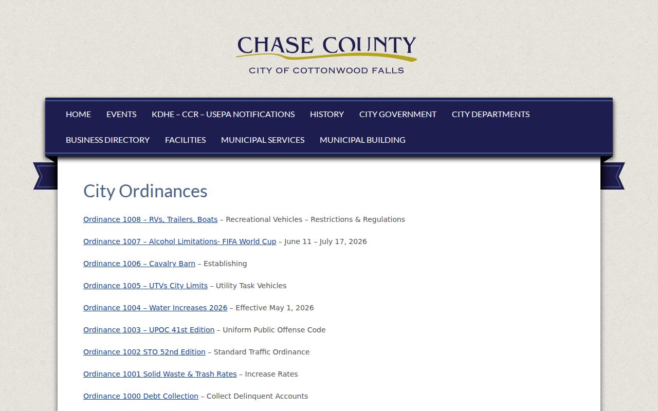 Cottonwood Falls court records ordinance source