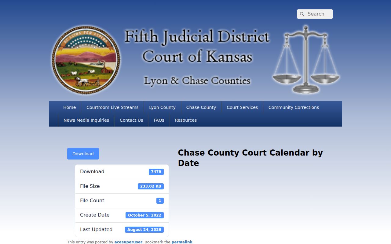 Fifth Judicial District Chase County calendar download page