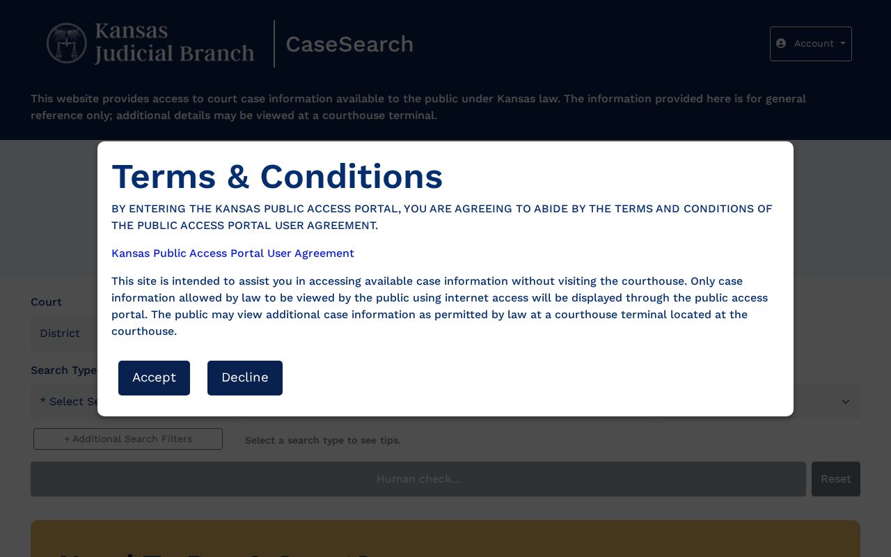 Kansas CaseSearch fields for Chase County criminal dockets